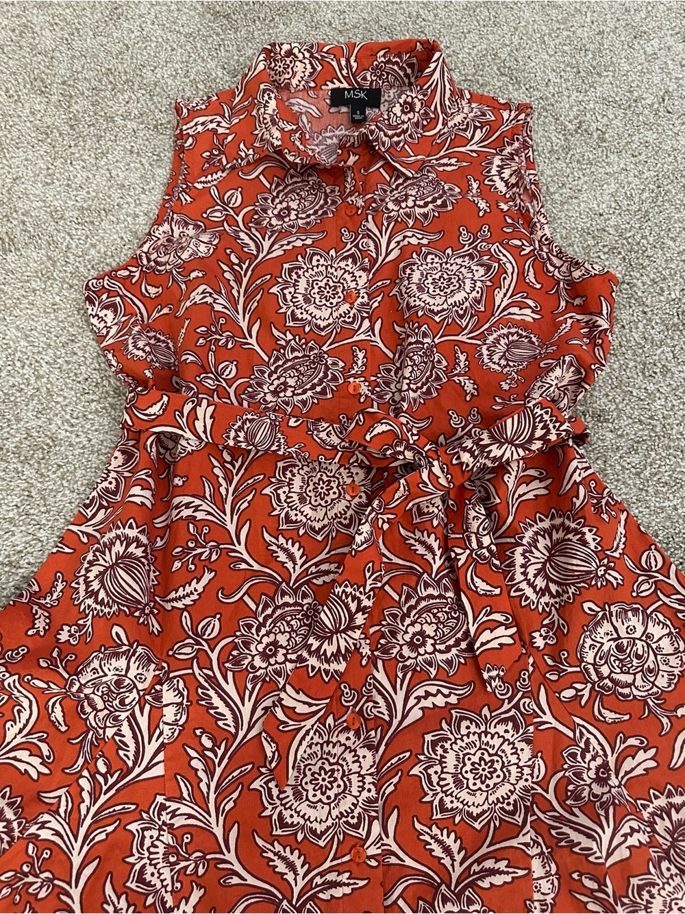 MSK Red White Floral 100% Cotton Shirt Dress Tie Belt Button Front - Picture 4 of 7